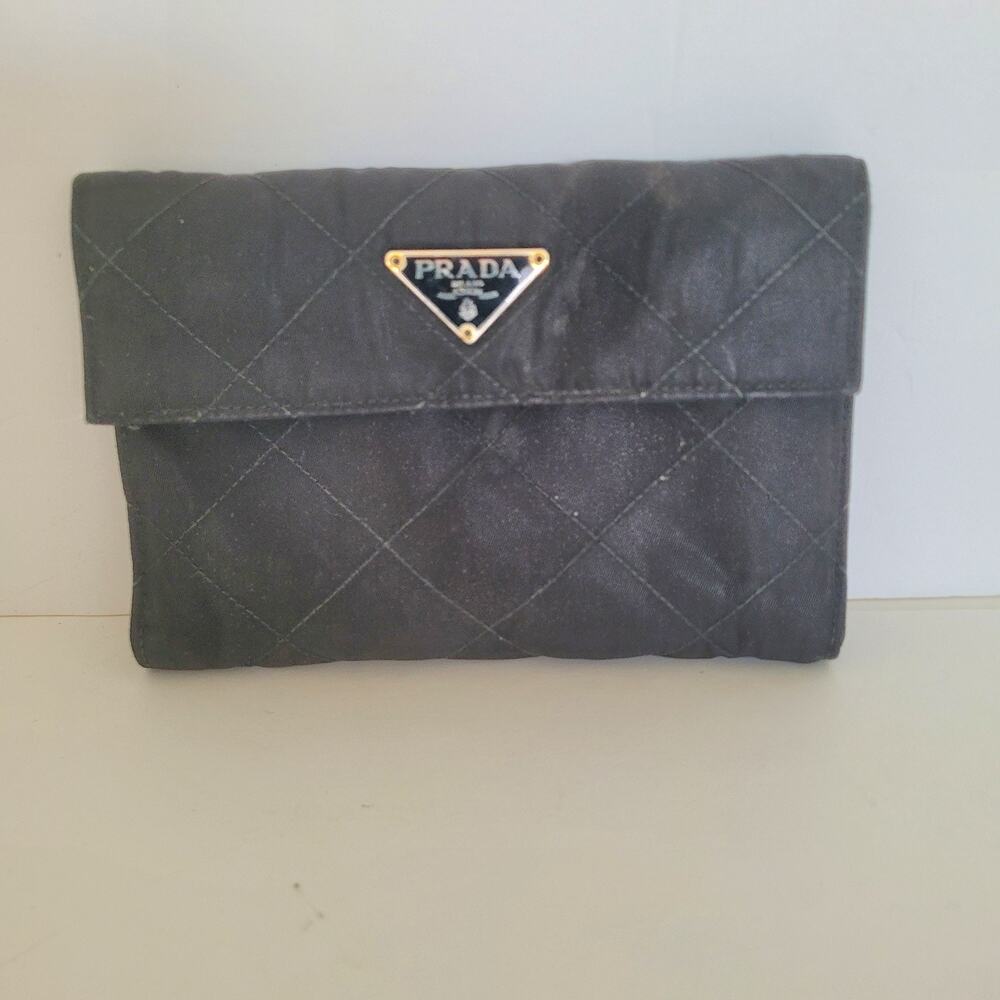 Prada Milano Black Quilted Nylon & Leather Bifold Wallet Gold Logo Snap Closure